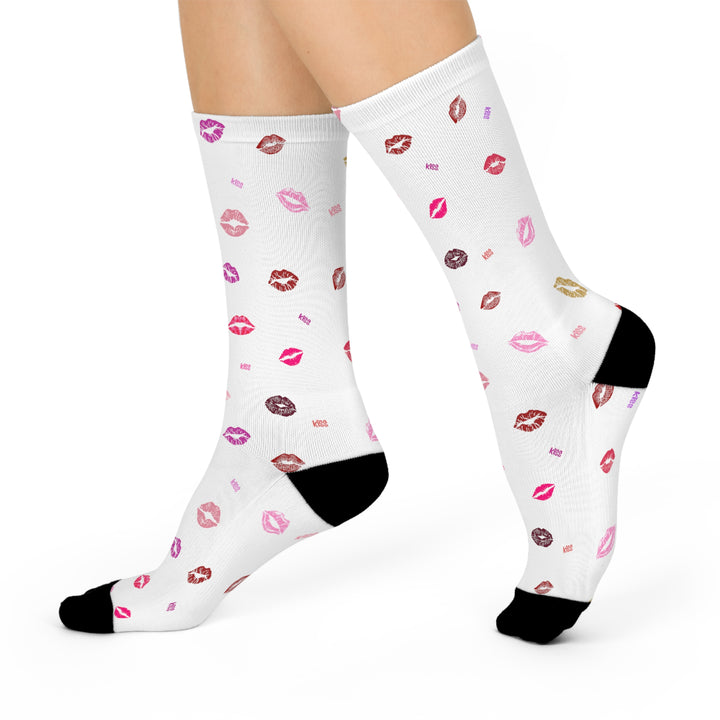 Kissing Lips - White - Cushioned Crew Socks