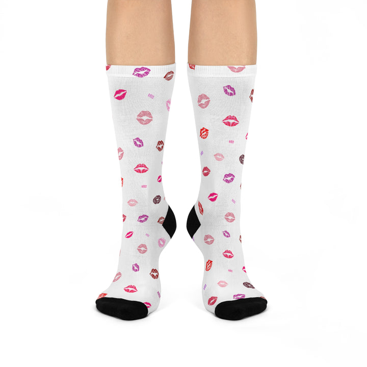 Kissing Lips - White - Cushioned Crew Socks